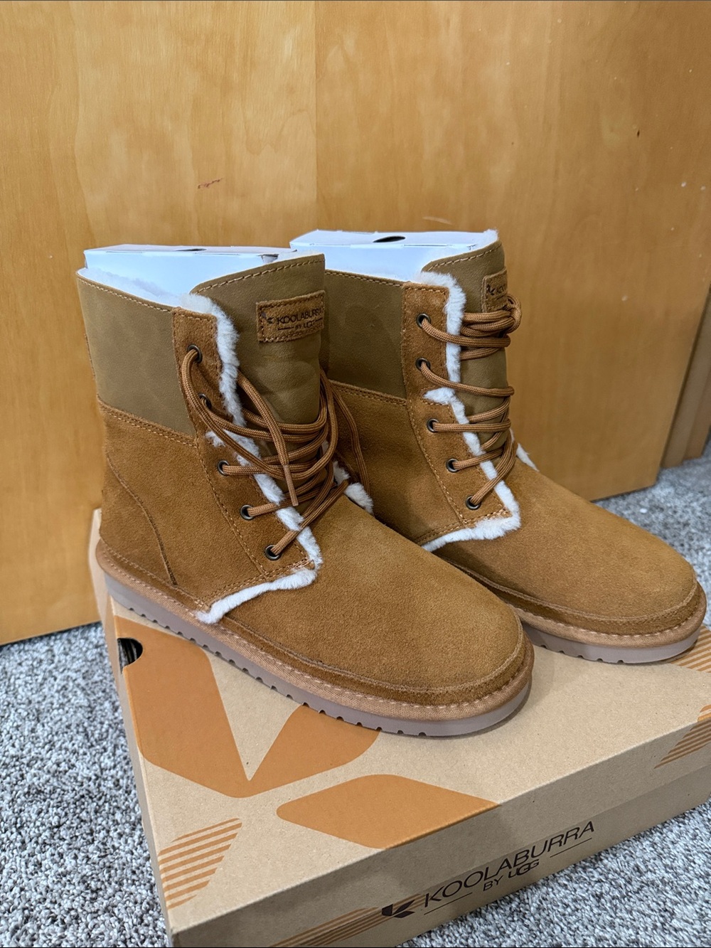Koolaburra Tan Suede Lace-Up Boots with White Shearling Trim